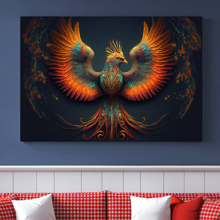 Red Orange Bird Canvas Art, Long Tailed Bird of Paradise, Phoenix Canvas Art,