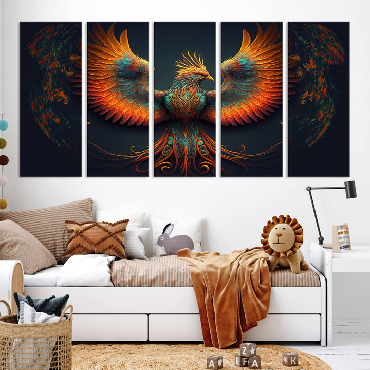 Red Orange Bird Canvas Art, Long Tailed Bird of Paradise, Phoenix Canvas Art,