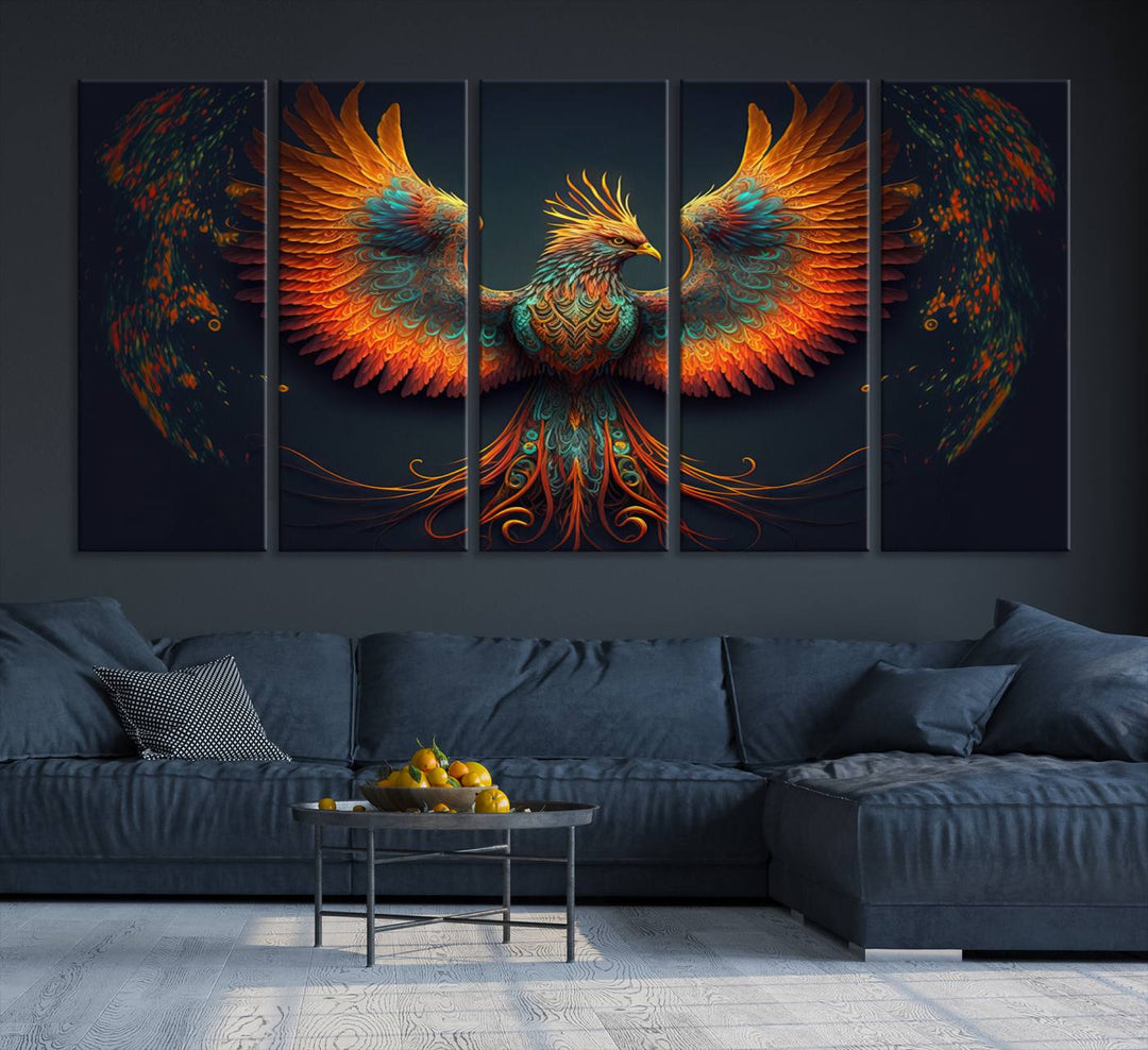 Red Orange Bird Canvas Art, Long Tailed Bird of Paradise, Phoenix Canvas Art,