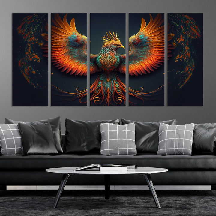 Red Orange Bird Canvas Art, Long Tailed Bird of Paradise, Phoenix Canvas Art,