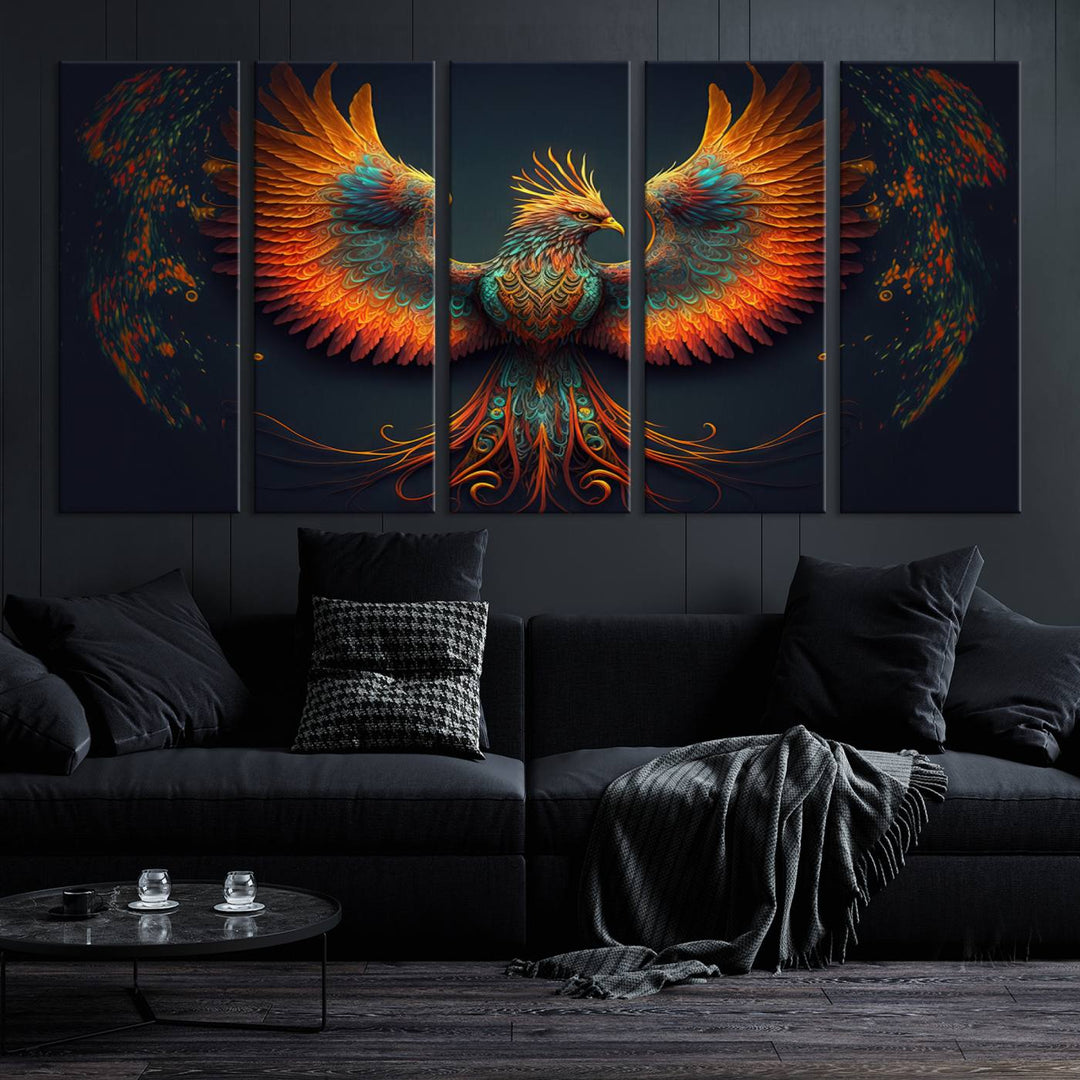 Red Orange Bird Canvas Art, Long Tailed Bird of Paradise, Phoenix Canvas Art,