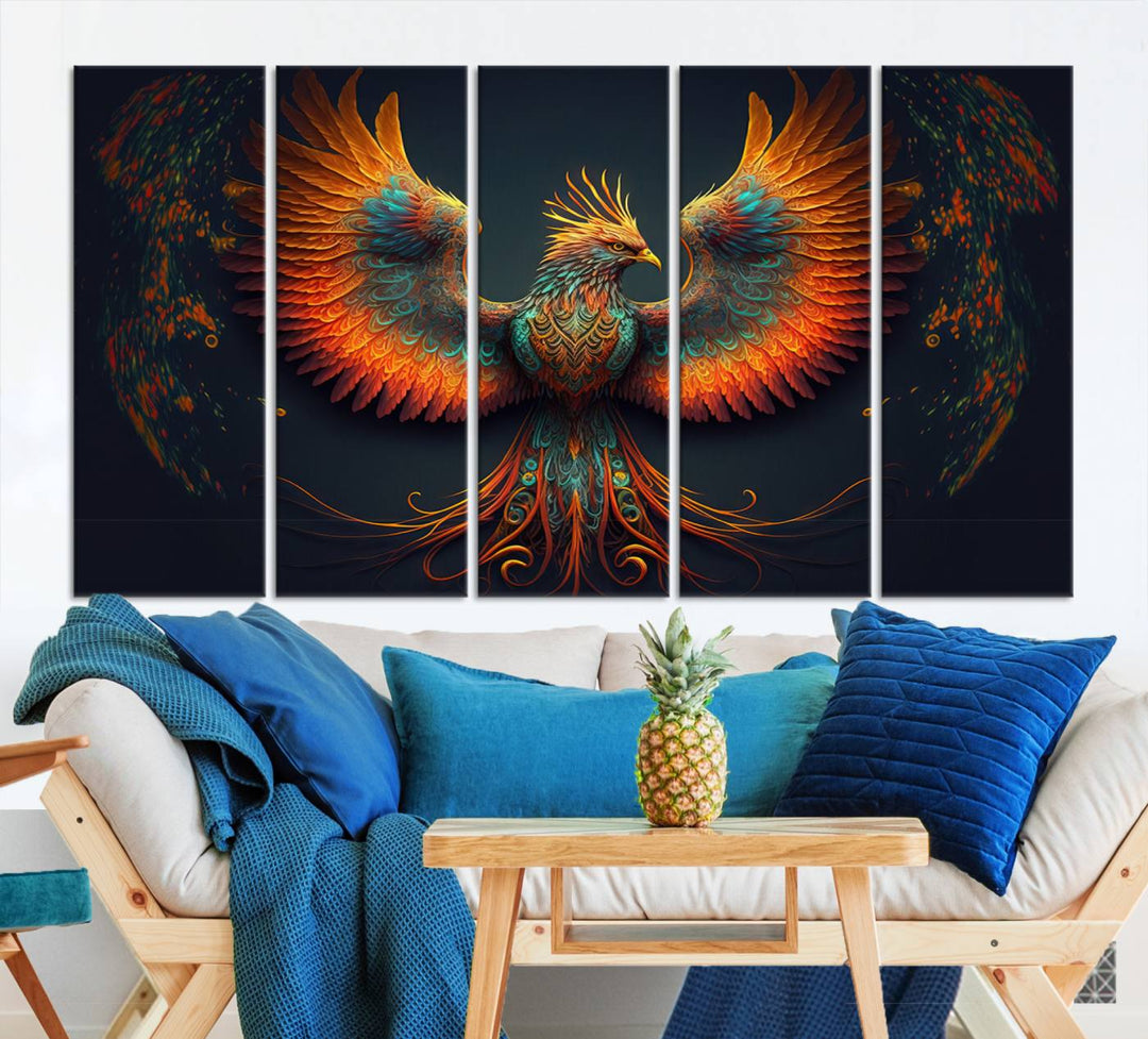 Red Orange Bird Canvas Art, Long Tailed Bird of Paradise, Phoenix Canvas Art,