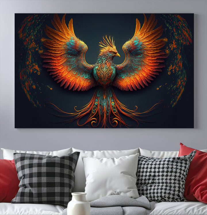 Red Orange Bird Canvas Art, Long Tailed Bird of Paradise, Phoenix Canvas Art,