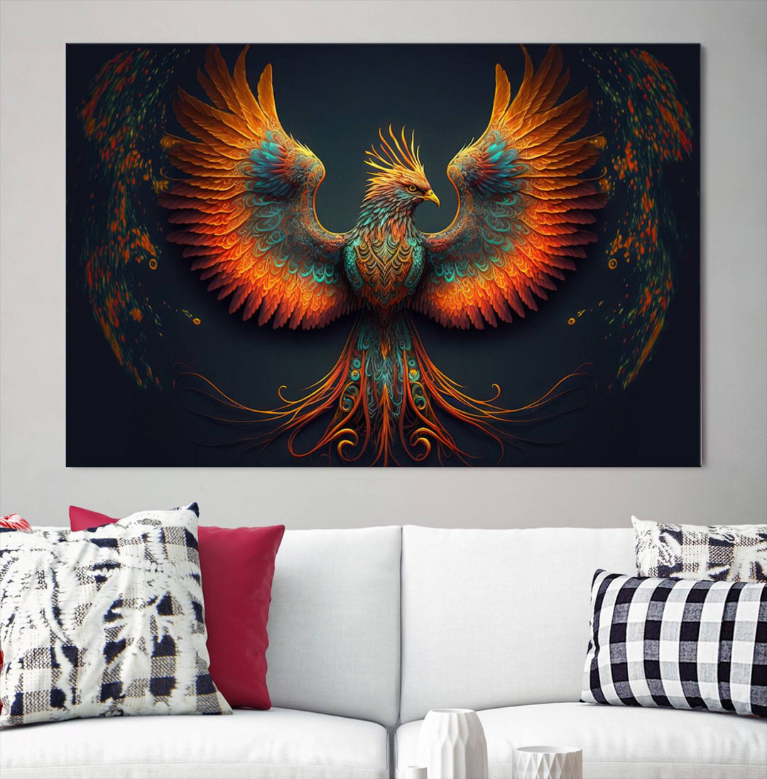 Red Orange Bird Canvas Art, Long Tailed Bird of Paradise, Phoenix Canvas Art,