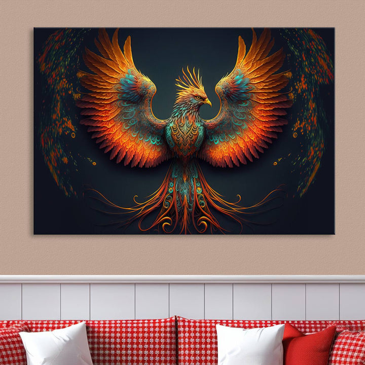 Red Orange Bird Canvas Art, Long Tailed Bird of Paradise, Phoenix Canvas Art,