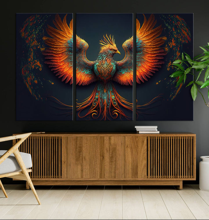 Red Orange Bird Canvas Art, Long Tailed Bird of Paradise, Phoenix Canvas Art,