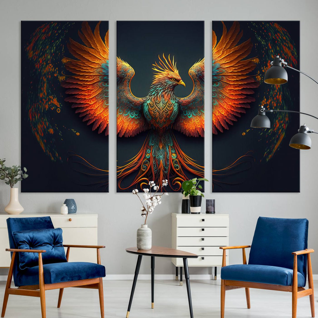 Red Orange Bird Canvas Art, Long Tailed Bird of Paradise, Phoenix Canvas Art,