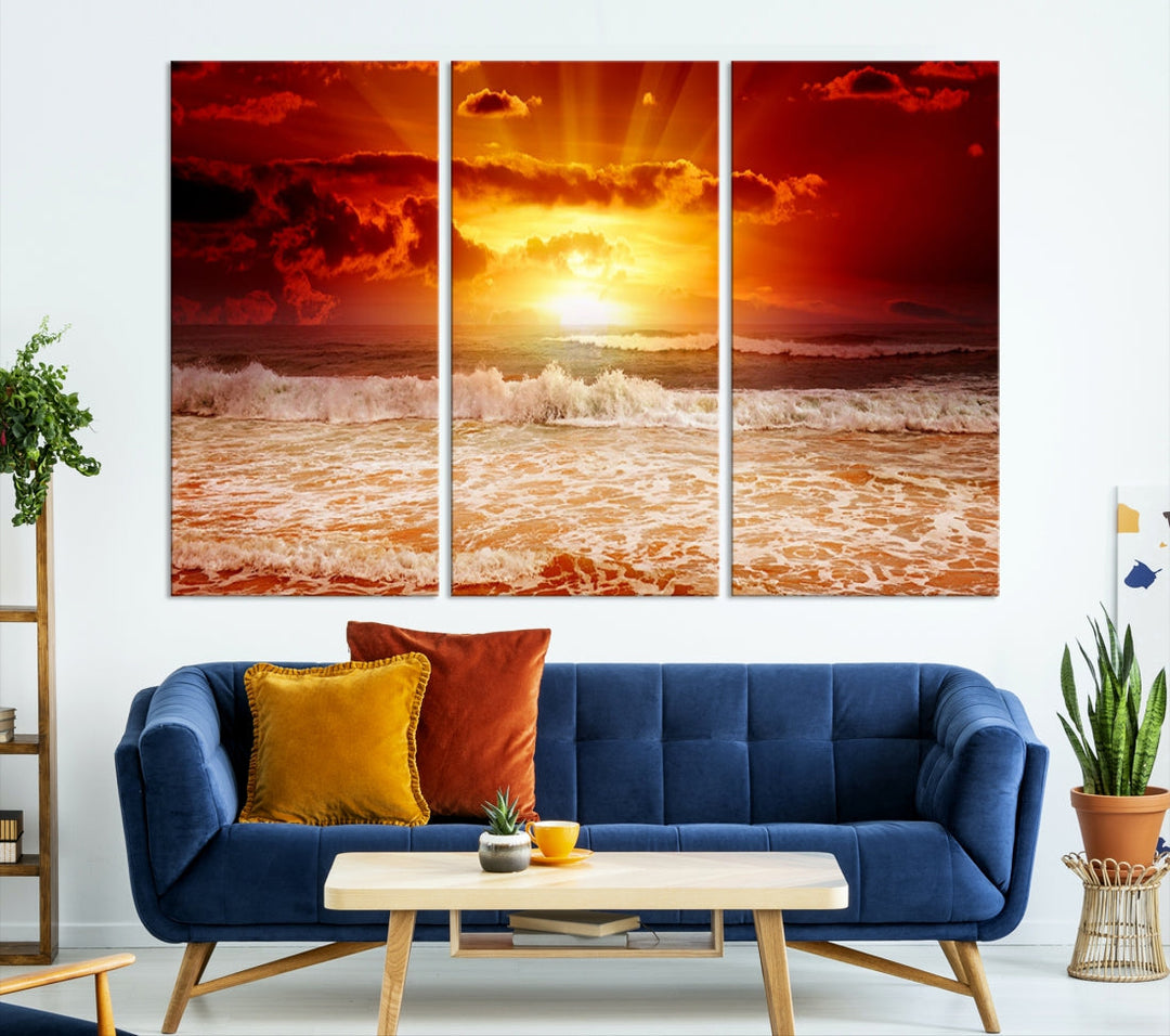 Red Sunset Ocean Beach Canvas Wall Art Beach Canvas, Coastal Sunset Tropical Island Beach Sunset Artwork