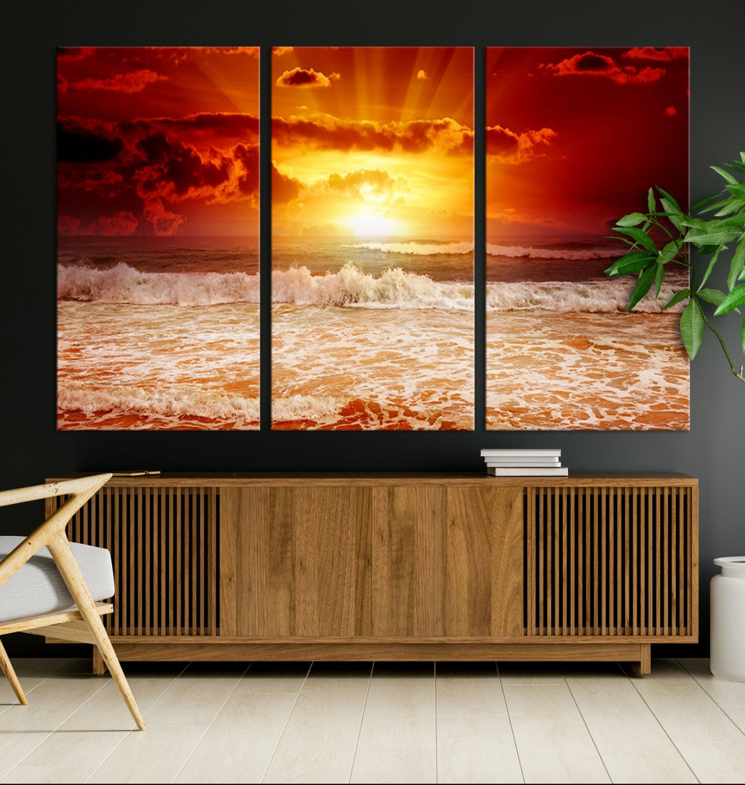 Red Sunset Ocean Beach Canvas Wall Art Beach Canvas, Coastal Sunset Tropical Island Beach Sunset Artwork