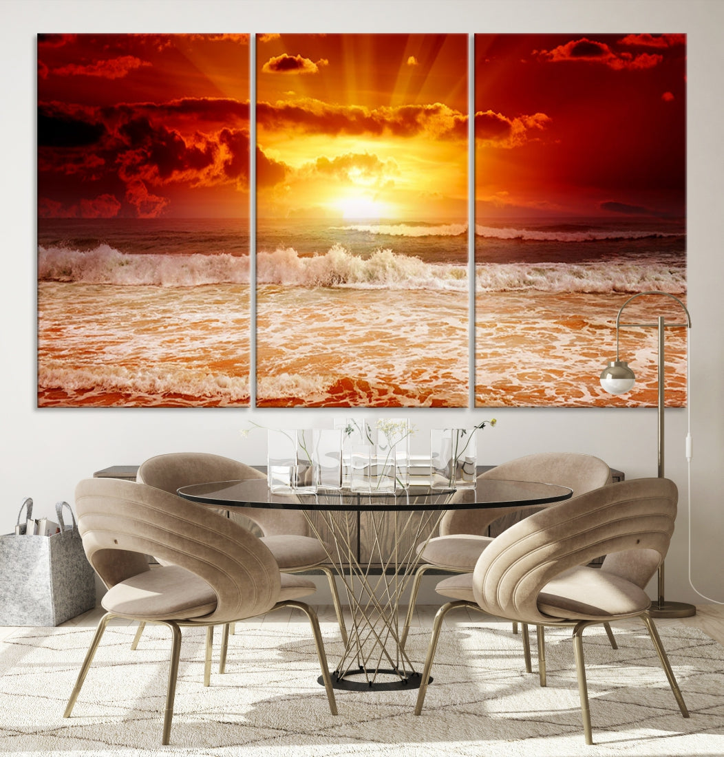 Red Sunset Ocean Beach Canvas Wall Art Beach Canvas, Coastal Sunset Tropical Island Beach Sunset Artwork