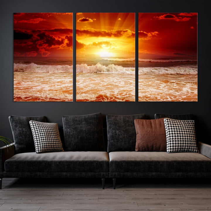 Red Sunset Ocean Beach Canvas Wall Art Beach Canvas, Coastal Sunset Tropical Island Beach Sunset Artwork