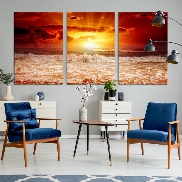 Red Sunset Ocean Beach Canvas Wall Art Beach Canvas, Coastal Sunset Tropical Island Beach Sunset Artwork