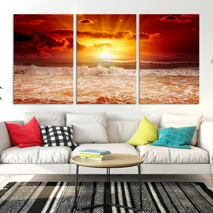 Red Sunset Ocean Beach Canvas Wall Art Beach Canvas, Coastal Sunset Tropical Island Beach Sunset Artwork