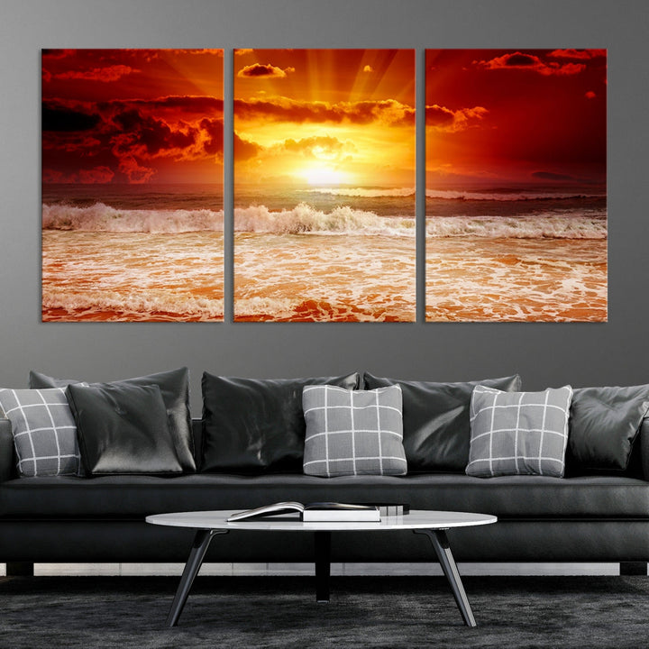 Red Sunset Ocean Beach Canvas Wall Art Beach Canvas, Coastal Sunset Tropical Island Beach Sunset Artwork