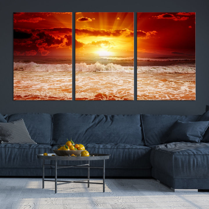 Red Sunset Ocean Beach Canvas Wall Art Beach Canvas, Coastal Sunset Tropical Island Beach Sunset Artwork