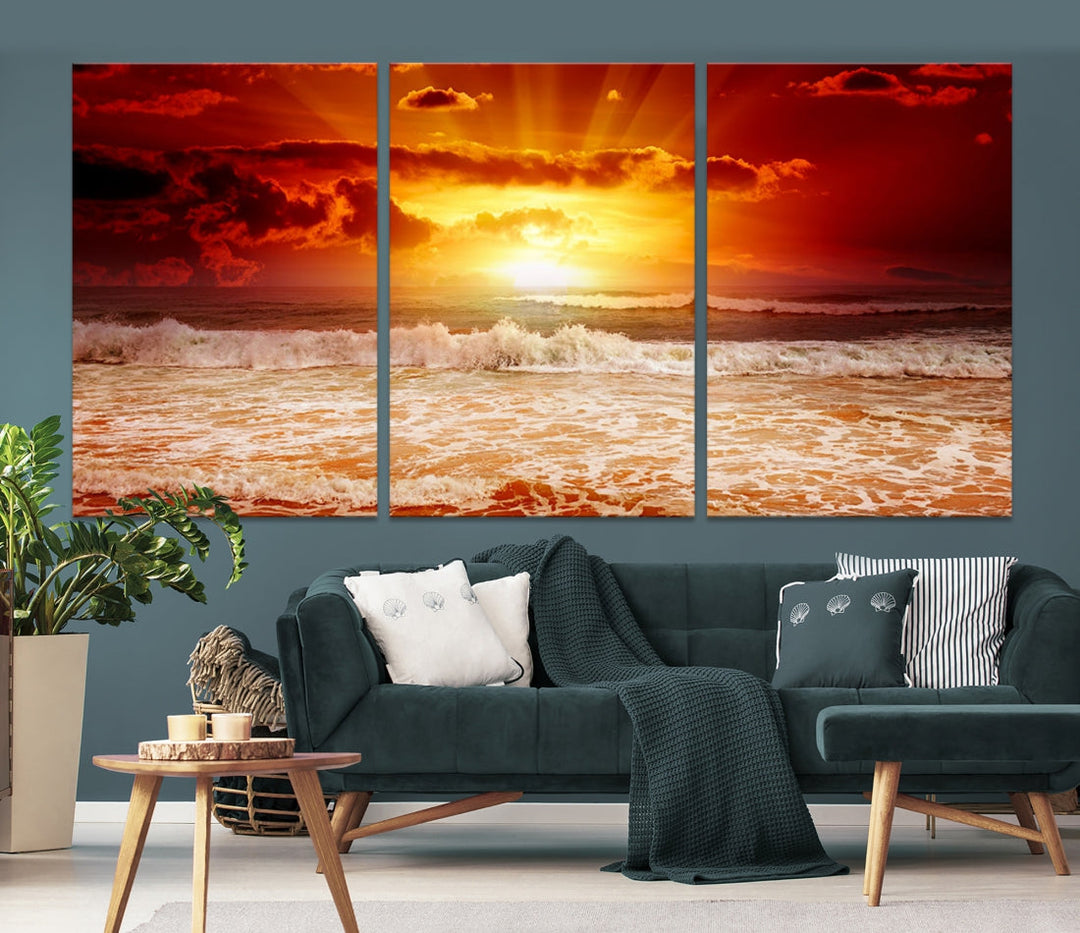 Red Sunset Ocean Beach Canvas Wall Art Beach Canvas, Coastal Sunset Tropical Island Beach Sunset Artwork