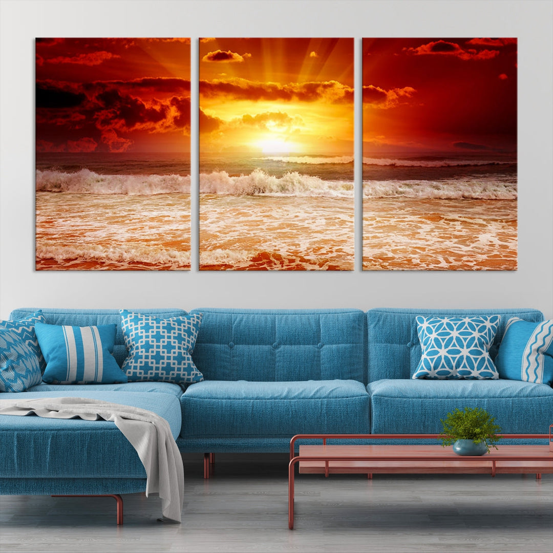 Red Sunset Ocean Beach Canvas Wall Art Beach Canvas, Coastal Sunset Tropical Island Beach Sunset Artwork