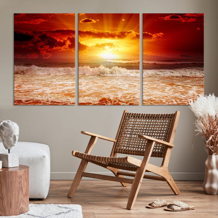 Red Sunset Ocean Beach Canvas Wall Art Beach Canvas, Coastal Sunset Tropical Island Beach Sunset Artwork