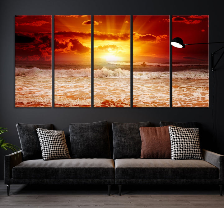 Red Sunset Ocean Beach Canvas Wall Art Beach Canvas, Coastal Sunset Tropical Island Beach Sunset Artwork