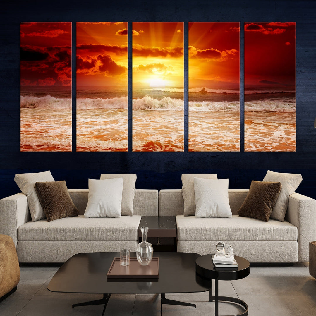 Red Sunset Ocean Beach Canvas Wall Art Beach Canvas, Coastal Sunset Tropical Island Beach Sunset Artwork