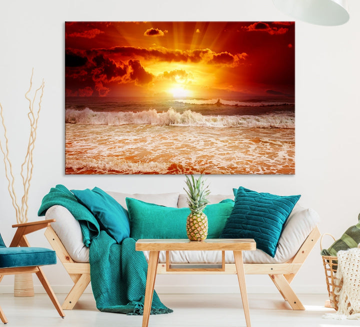 Red Sunset Ocean Beach Canvas Wall Art Beach Canvas, Coastal Sunset Tropical Island Beach Sunset Artwork