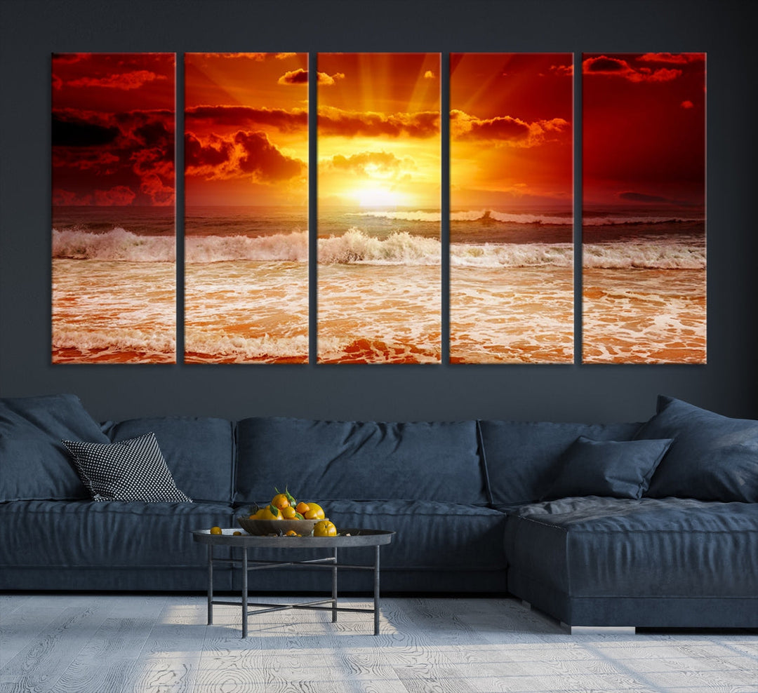 Red Sunset Ocean Beach Canvas Wall Art Beach Canvas, Coastal Sunset Tropical Island Beach Sunset Artwork