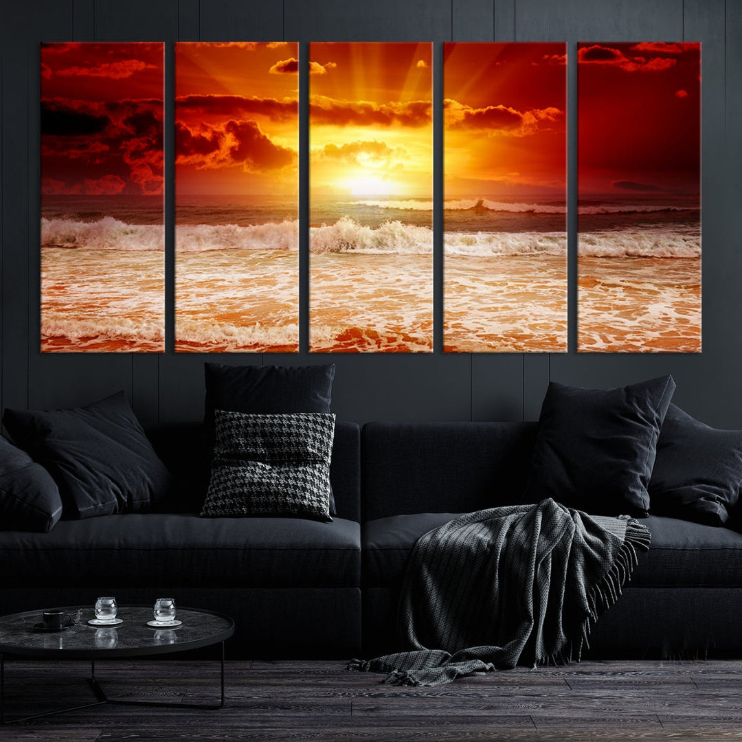 Red Sunset Ocean Beach Canvas Wall Art Beach Canvas, Coastal Sunset Tropical Island Beach Sunset Artwork