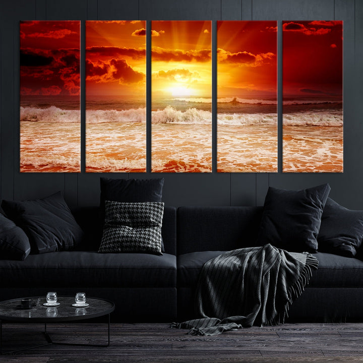 Red Sunset Ocean Beach Canvas Wall Art Beach Canvas, Coastal Sunset Tropical Island Beach Sunset Artwork