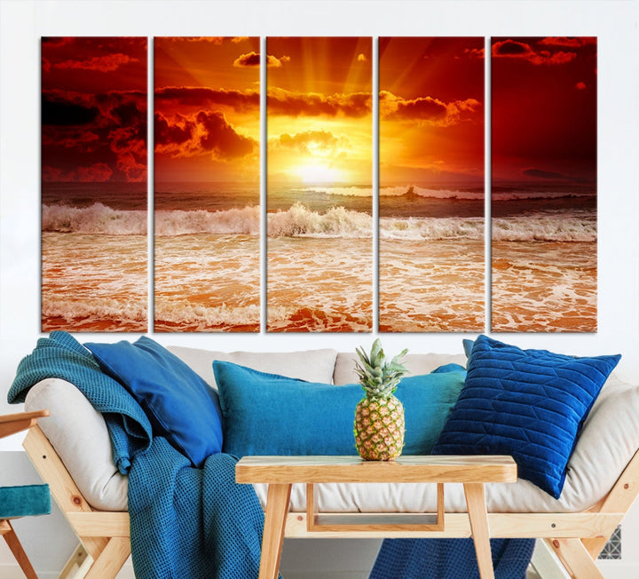 Red Sunset Ocean Beach Canvas Wall Art Beach Canvas, Coastal Sunset Tropical Island Beach Sunset Artwork