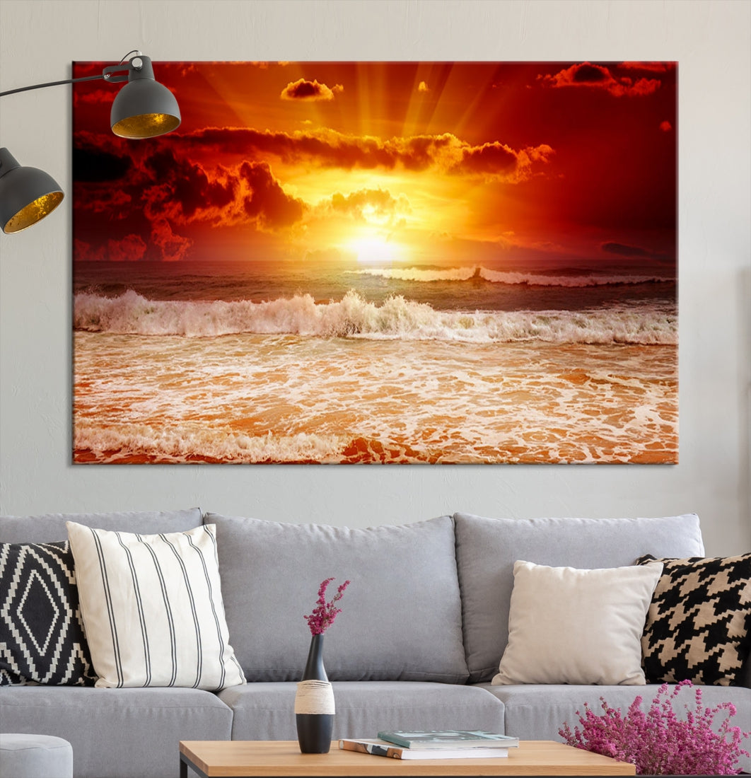 Red Sunset Ocean Beach Canvas Wall Art Beach Canvas, Coastal Sunset Tropical Island Beach Sunset Artwork