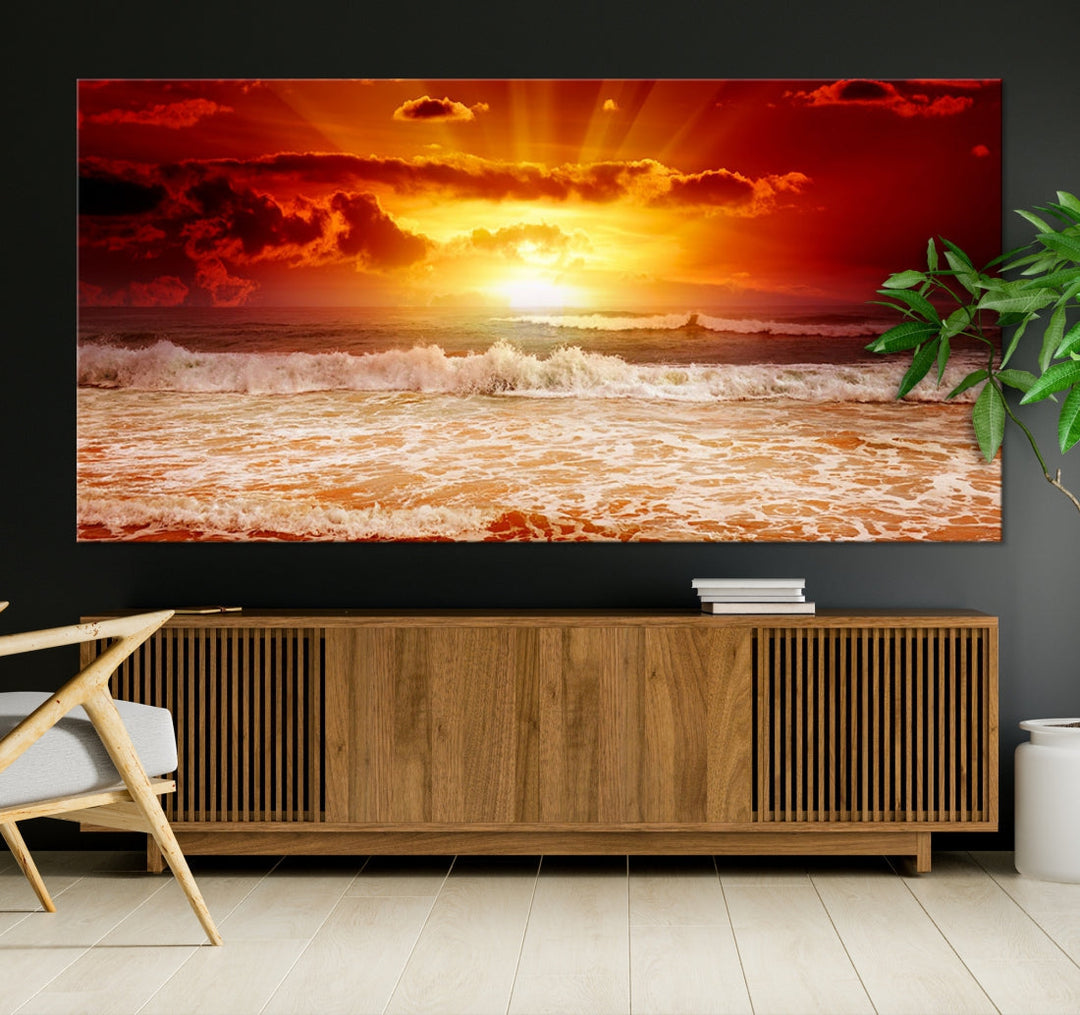 Red Sunset Ocean Beach Canvas Wall Art Beach Canvas, Coastal Sunset Tropical Island Beach Sunset Artwork