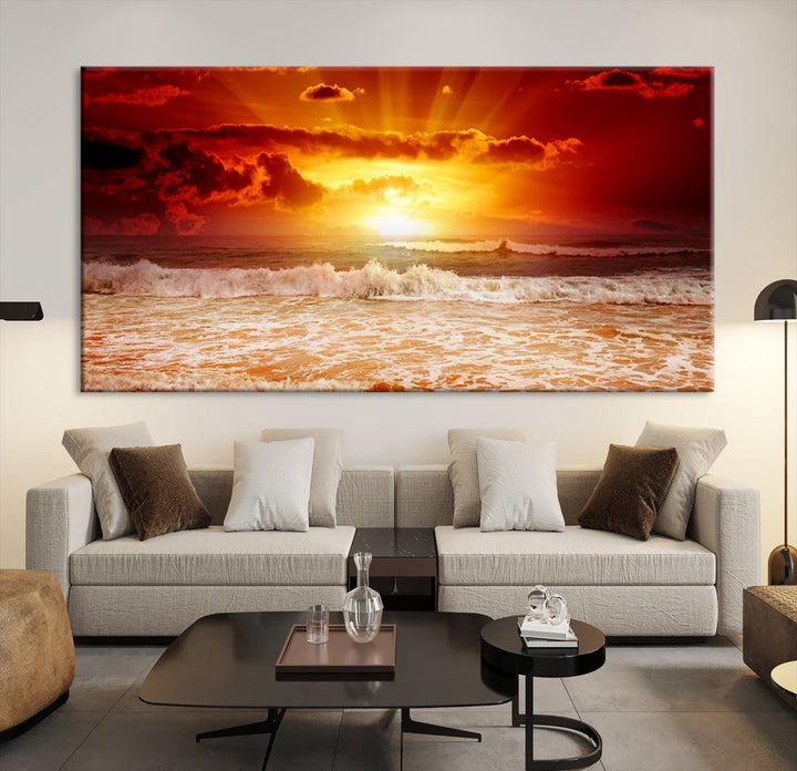 Red Sunset Ocean Beach Canvas Wall Art Beach Canvas, Coastal Sunset Tropical Island Beach Sunset Artwork