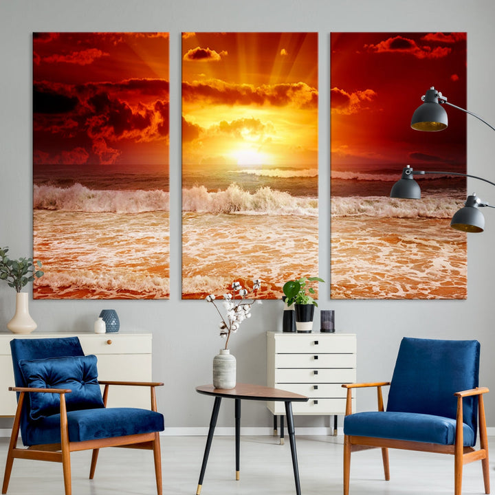 Red Sunset Ocean Beach Canvas Wall Art Beach Canvas, Coastal Sunset Tropical Island Beach Sunset Artwork