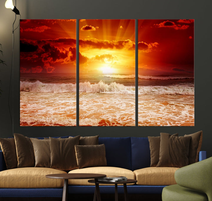 Red Sunset Ocean Beach Canvas Wall Art Beach Canvas, Coastal Sunset Tropical Island Beach Sunset Artwork