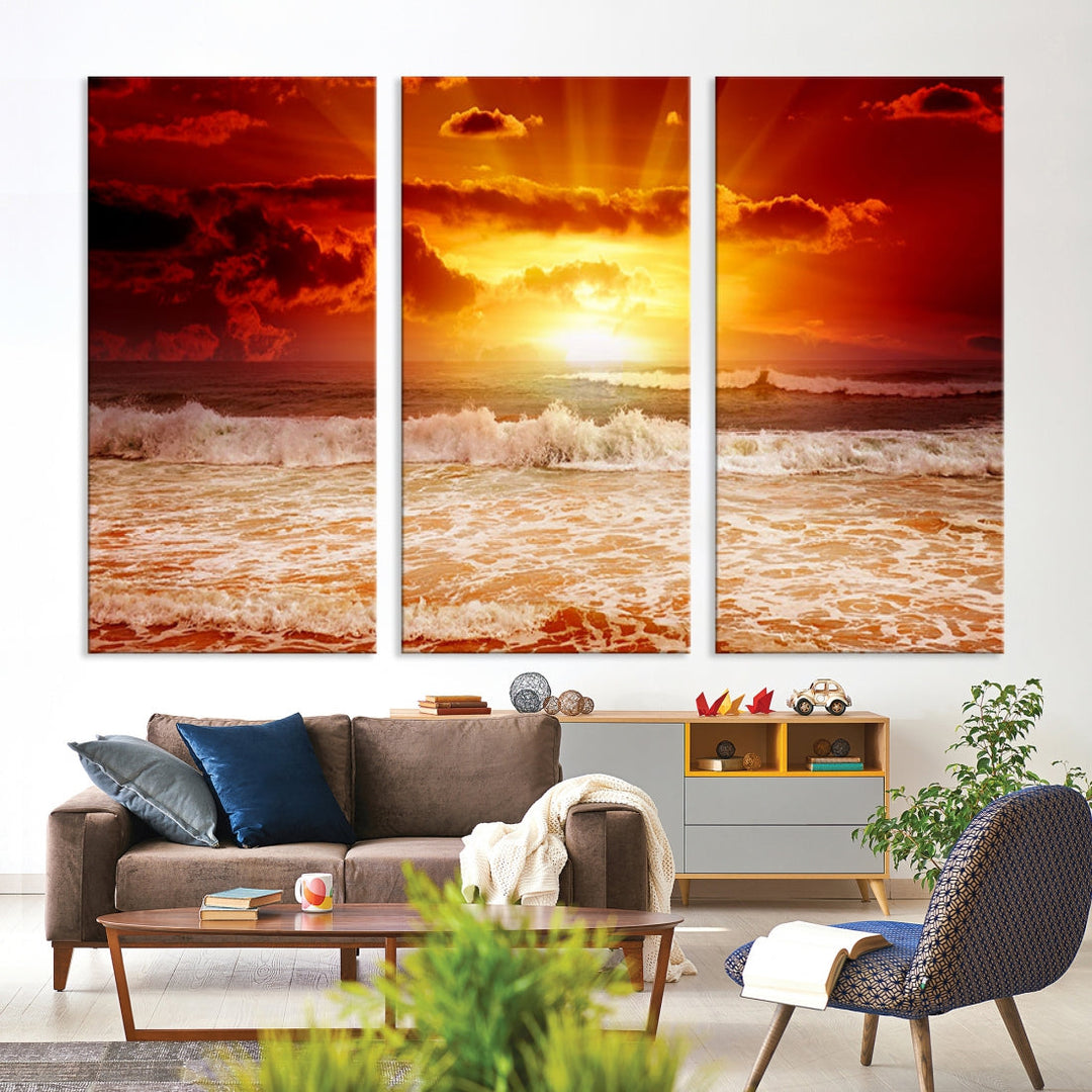 Red Sunset Ocean Beach Canvas Wall Art Beach Canvas, Coastal Sunset Tropical Island Beach Sunset Artwork