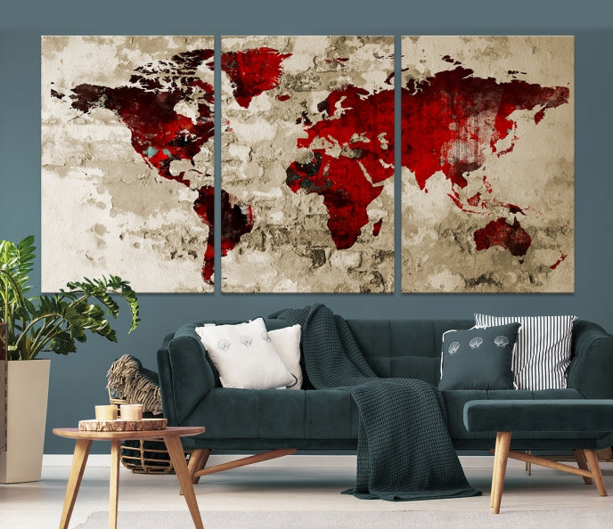 Red Watercolor World Map Print Framed Canvas Wall Art