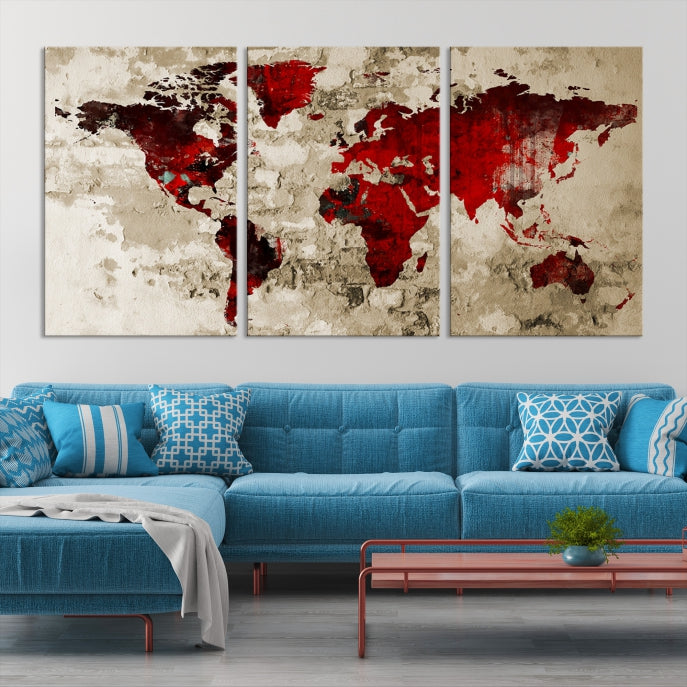 Red Watercolor World Map Print Framed Canvas Wall Art