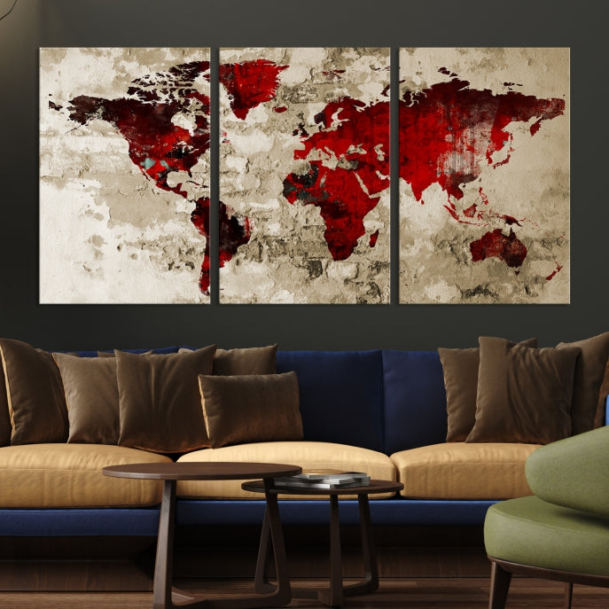 Red Watercolor World Map Print Framed Canvas Wall Art