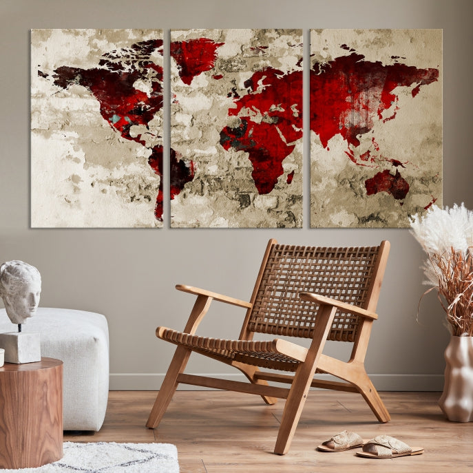 Red Watercolor World Map Print Framed Canvas Wall Art