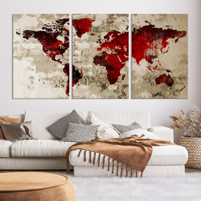 Red Watercolor World Map Print Framed Canvas Wall Art