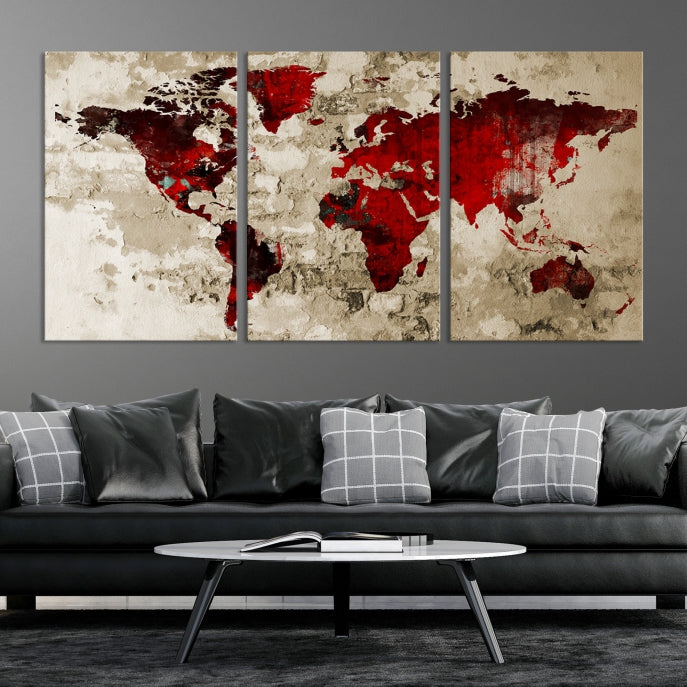 Red Watercolor World Map Print Framed Canvas Wall Art