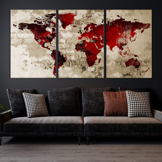 Red Watercolor World Map Print Framed Canvas Wall Art