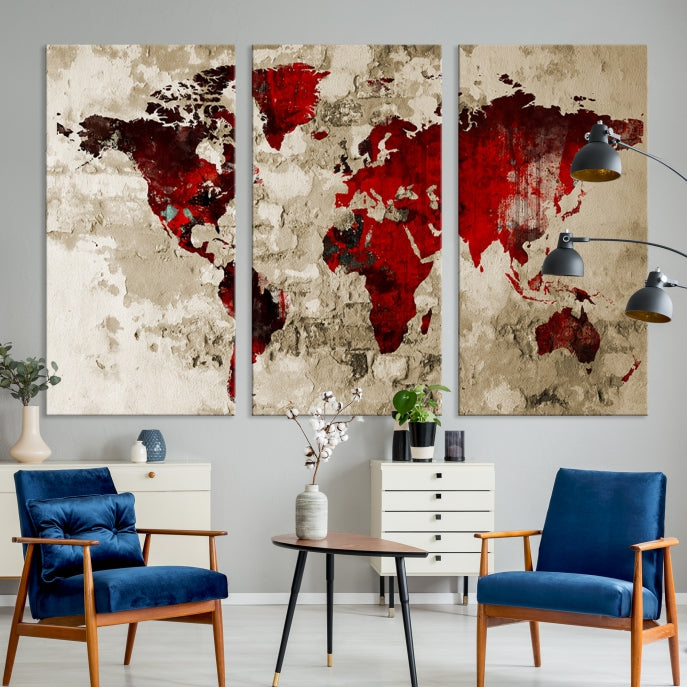 Red Watercolor World Map Print Framed Canvas Wall Art