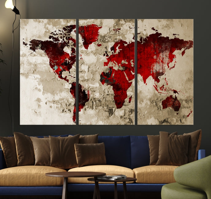 Red Watercolor World Map Print Framed Canvas Wall Art