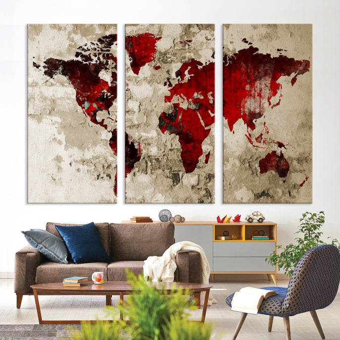 Red Watercolor World Map Print Framed Canvas Wall Art