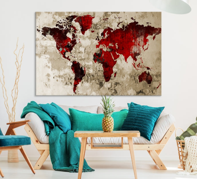 Red Watercolor World Map Print Framed Canvas Wall Art