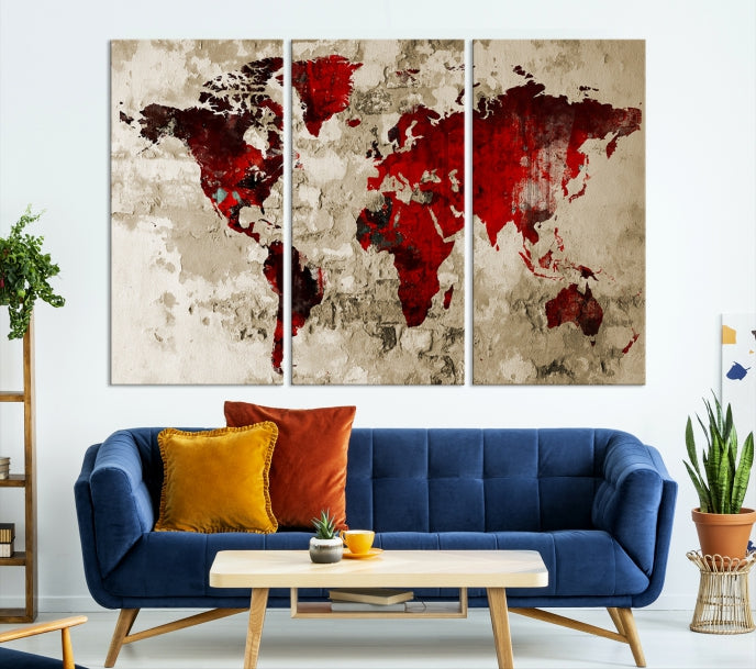 Red Watercolor World Map Print Framed Canvas Wall Art