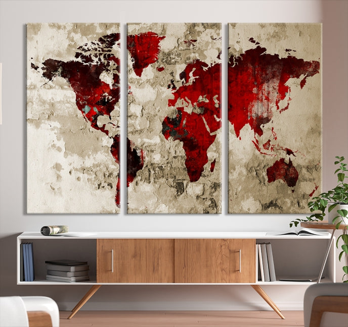 Red Watercolor World Map Print Framed Canvas Wall Art