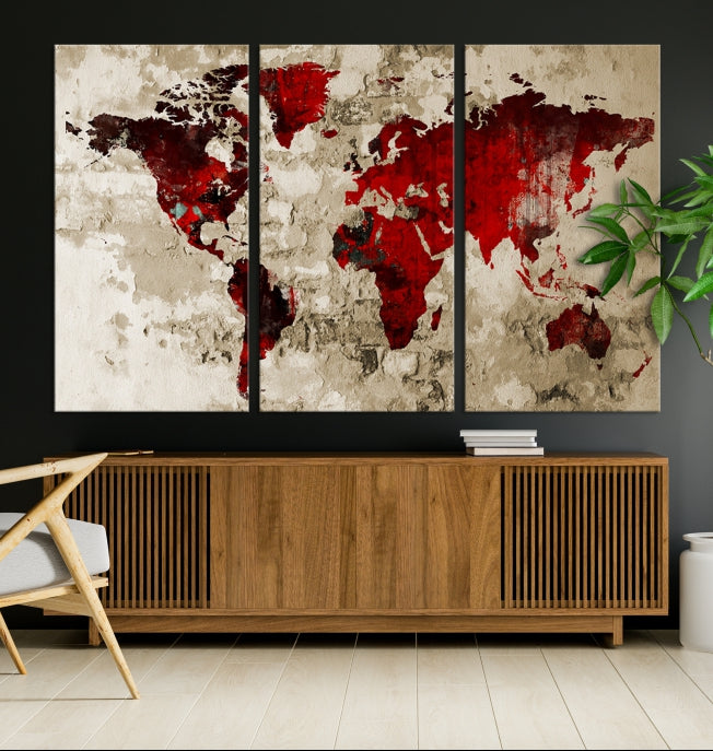 Red Watercolor World Map Print Framed Canvas Wall Art