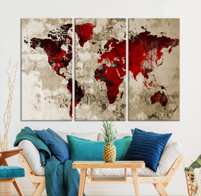 Red Watercolor World Map Print Framed Canvas Wall Art